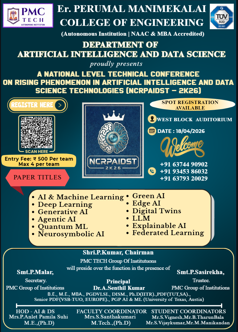 National Level Conference on Artificial intelligence and Data Science Technologies NCRPAIDST 2K26 National Level Conference Poster 